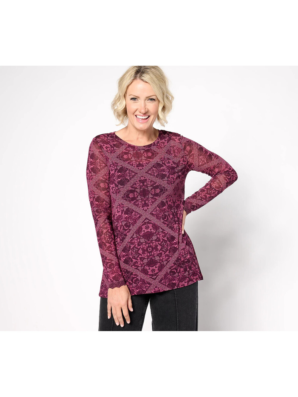 #BR2456 LOGO Layers by Lori Goldstein Crew Neck Printed Mesh Top w/Lace Trim L